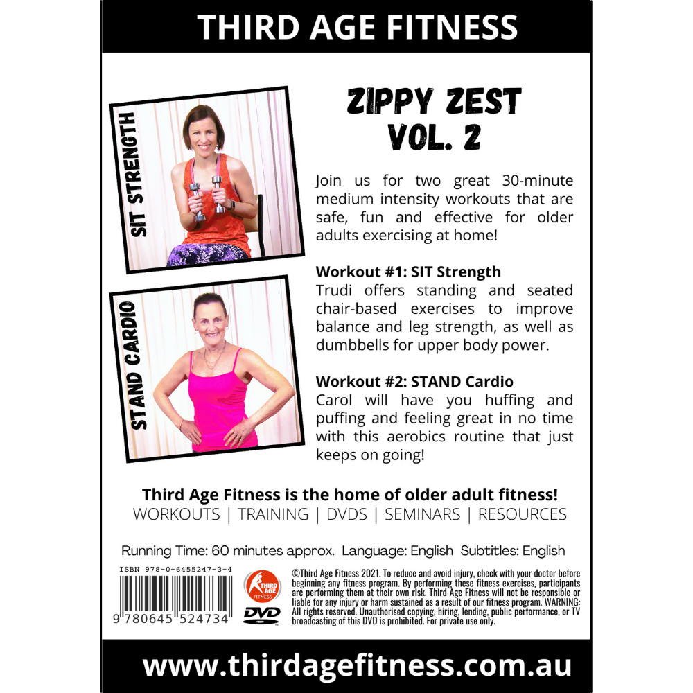 Third Age Fitness DVD cover for 'Zippy Zest Vol. 2' with workout descriptions and images of two women.