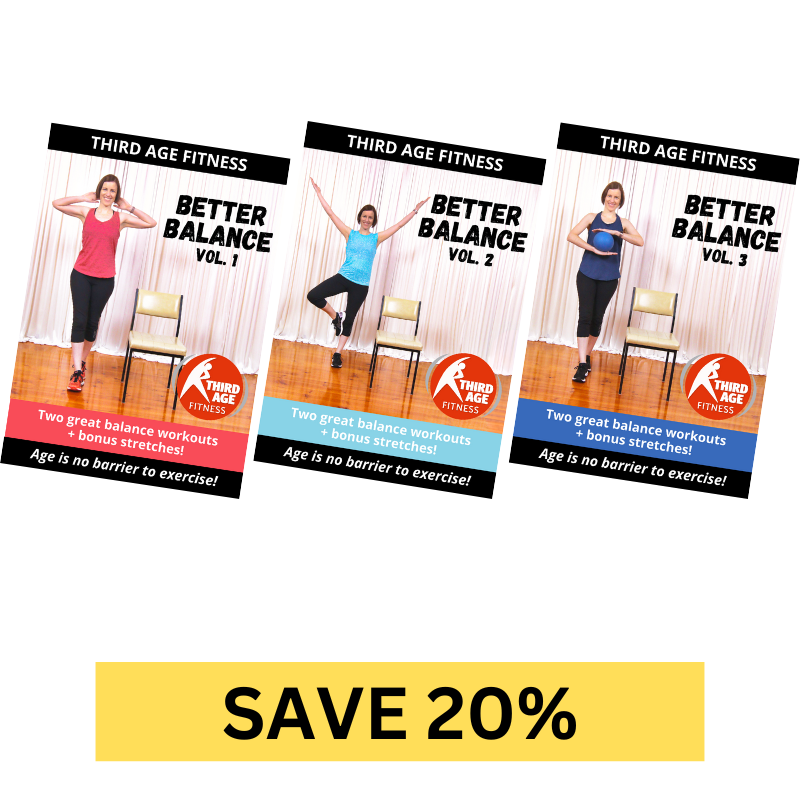 Three Third Age Fitness seniors home workout Better Balance volumes on a white background with discount offer.