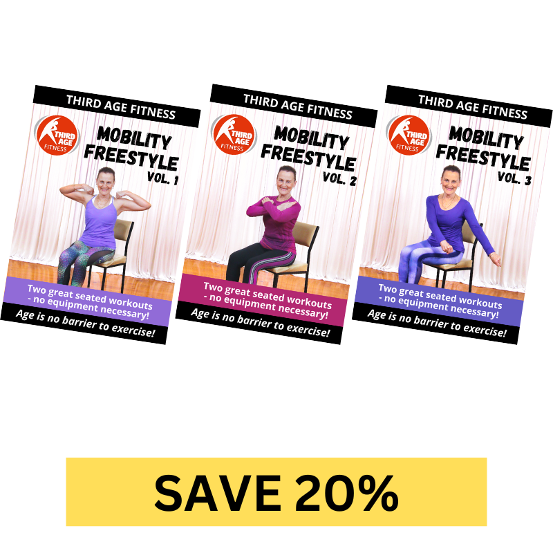 Three Third Age Fitness seniors home workout DVDs on a white background with a discount banner at the bottom.