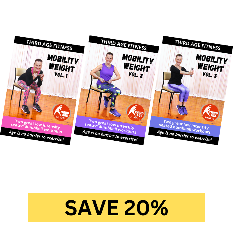 Three Third Age Fitness seniors home workout Mobility Weight DVD covers on a white background with discount offer.