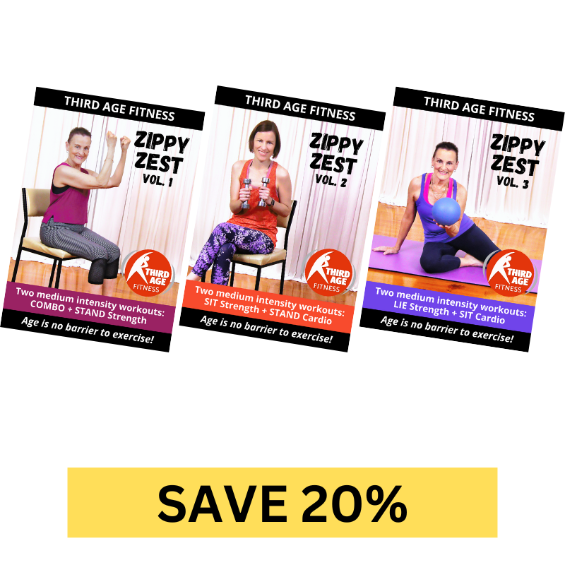 Three Third Age Fitness older adults home workout Zippy Zest DVDs covers with discount offer.