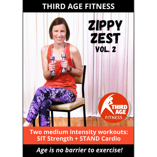 DVD cover of 'Zippy Zest Vol. 2' by Third Age Fitness featuring a woman with dumbbells.