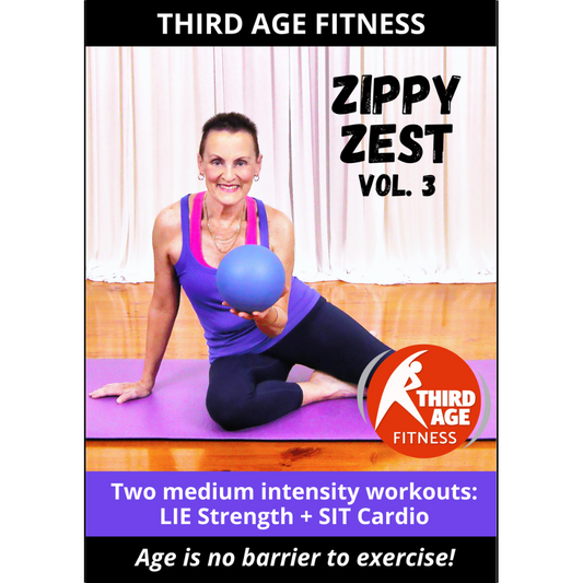 DVD cover of 'Zippy Zest Vol. 3' by Third Age Fitness featuring a woman with a fitness ball.