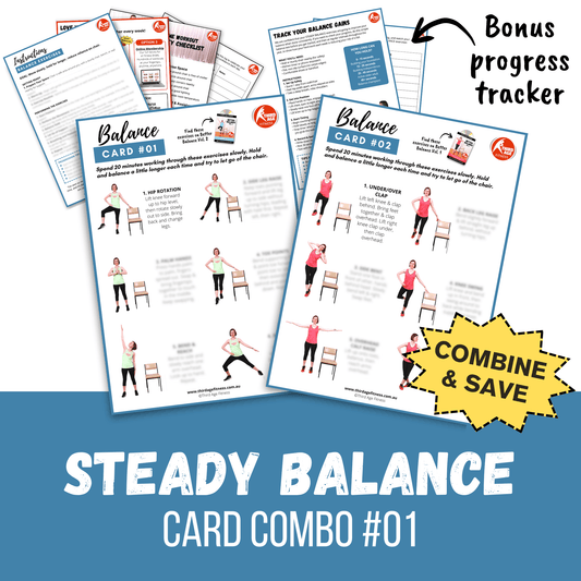 Steady Balance combo pack #01 with balance cards and progress tracker on a blue background