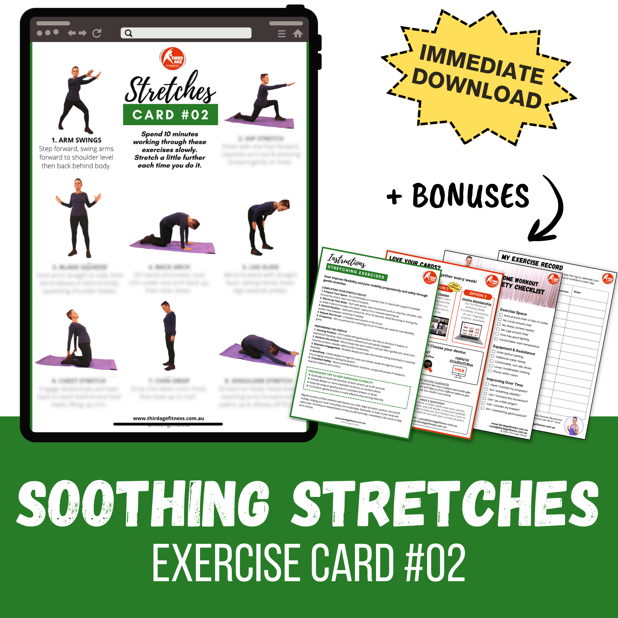 Back Stretch Card Soothing Stretches Exercise Card #02 - Home exercises for seniors and ...