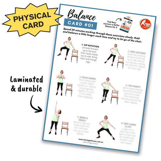 Standing balance exercises on laminated card for older adults and seniors home exercise.