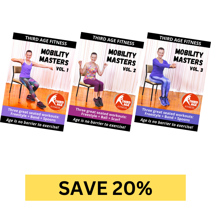 Three seniors home workout DVDs titled 'Mobility Masters' by Third Age Fitness with a discount banner at the bottom.